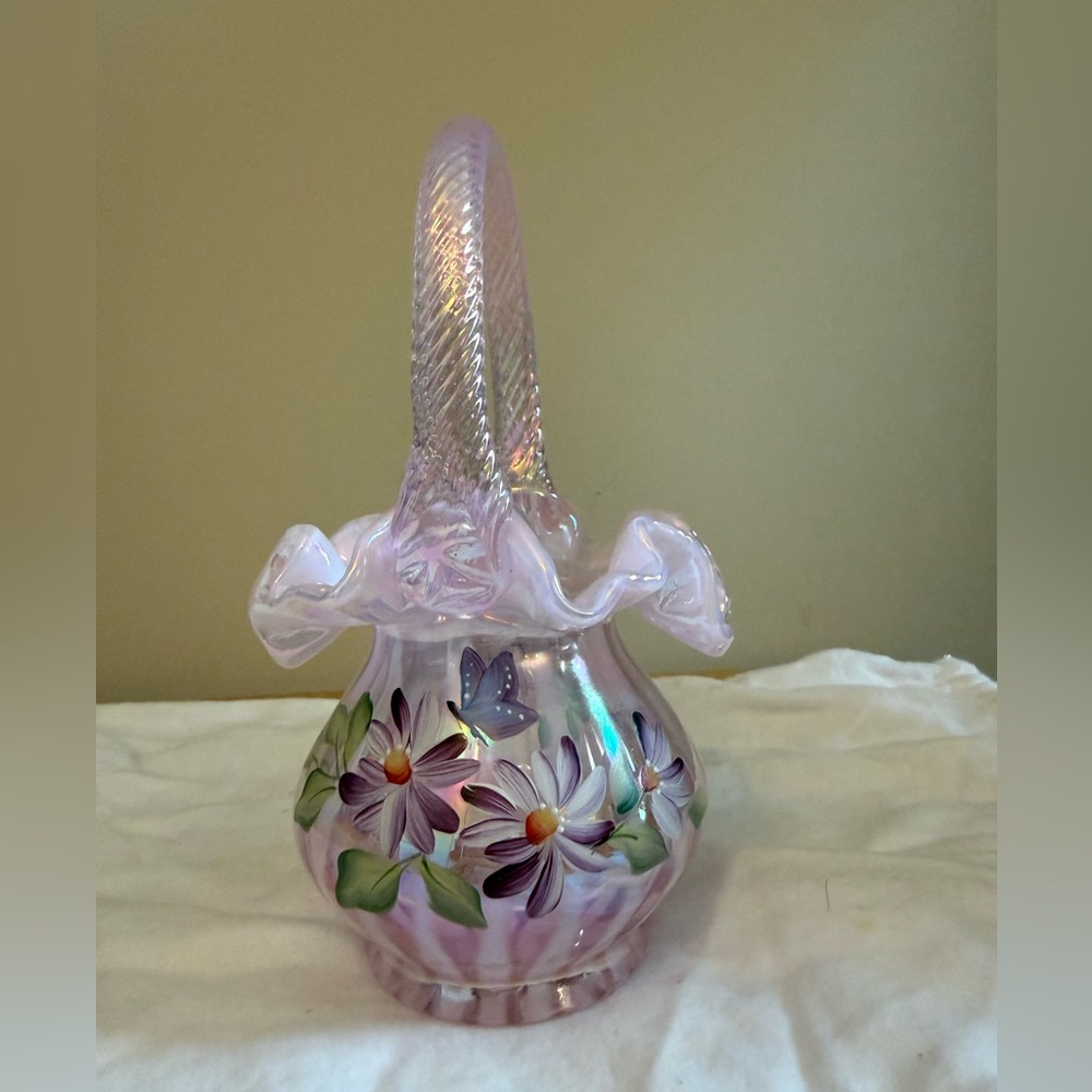 Fenton hand painted Iridescent Lavender Glass Basket with Floral Motif